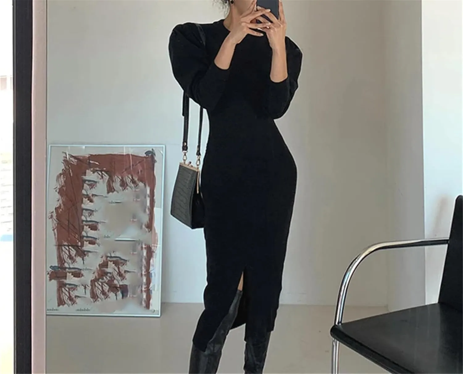 Women's Knit Midi Dress - Pink Bodycon O-Neck Long Sleeve Slim