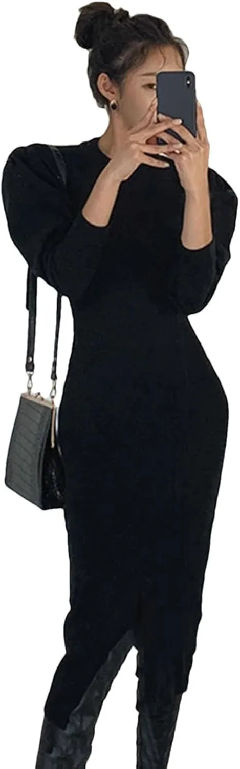 Women's Knit Midi Dress - Pink Bodycon O-Neck Long Sleeve Slim