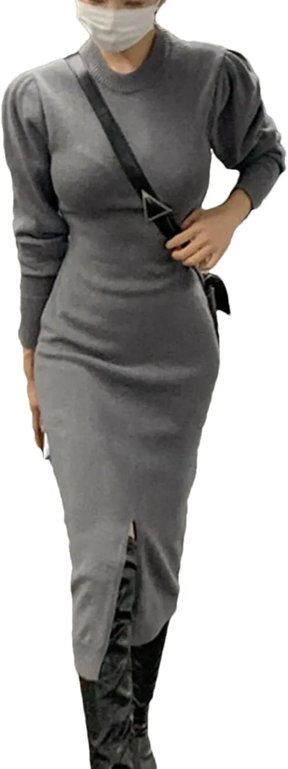 Women's Knit Midi Dress - Pink Bodycon O-Neck Long Sleeve Slim