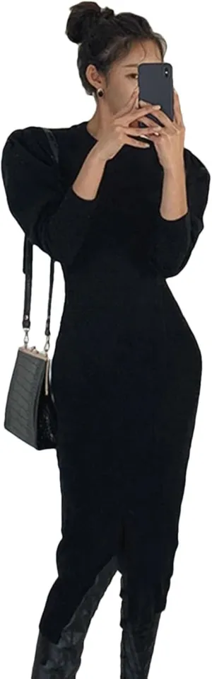 Women's Knit Midi Dress - Pink Bodycon O-Neck Long Sleeve Slim