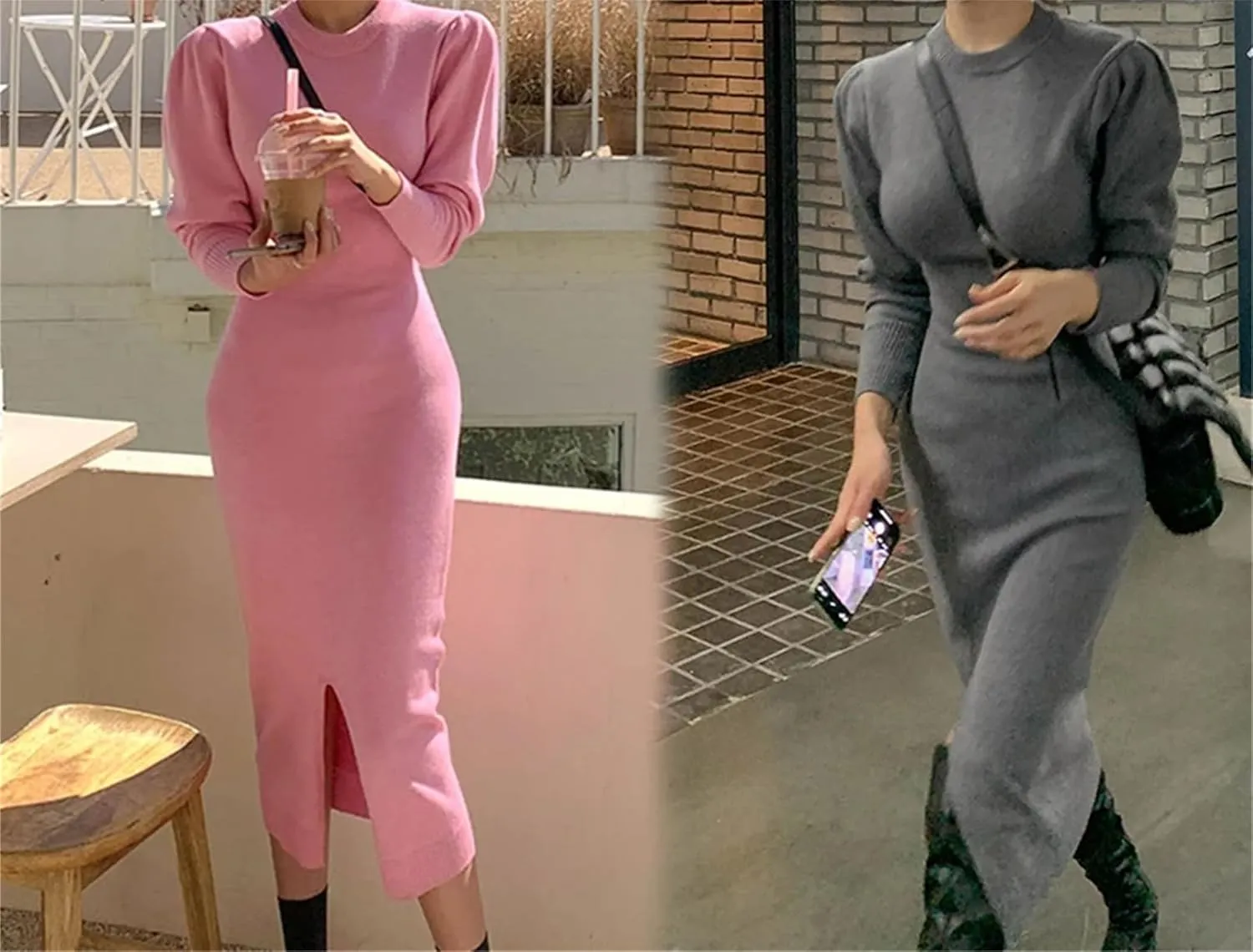 Women's Knit Midi Dress - Pink Bodycon O-Neck Long Sleeve Slim