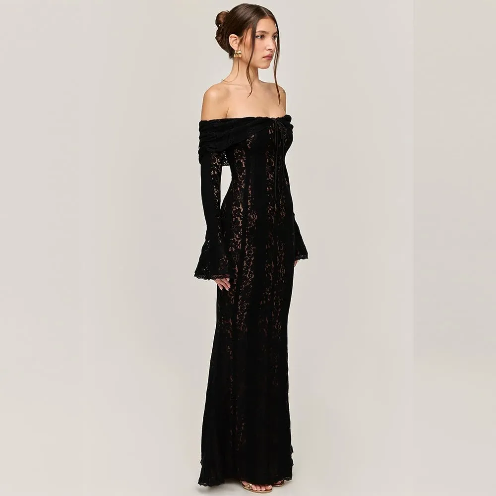 Women's lace Off The Shoulder Evening Dress 2024 Black Mermaid Cocktail Wedding Party Maxi Dress