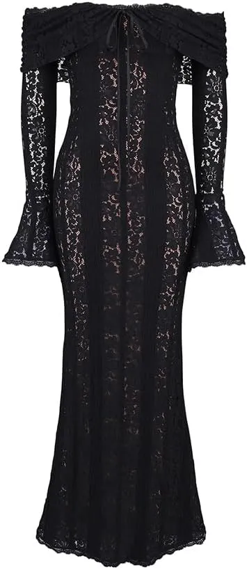 Women's lace Off The Shoulder Evening Dress 2024 Black Mermaid Cocktail Wedding Party Maxi Dress
