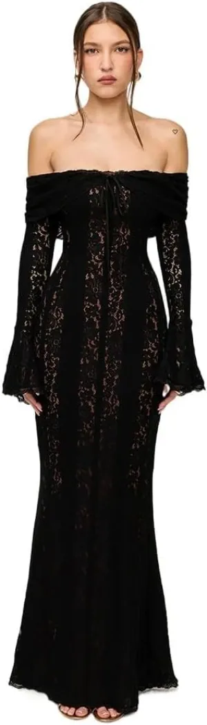 Women's lace Off The Shoulder Evening Dress 2024 Black Mermaid Cocktail Wedding Party Maxi Dress