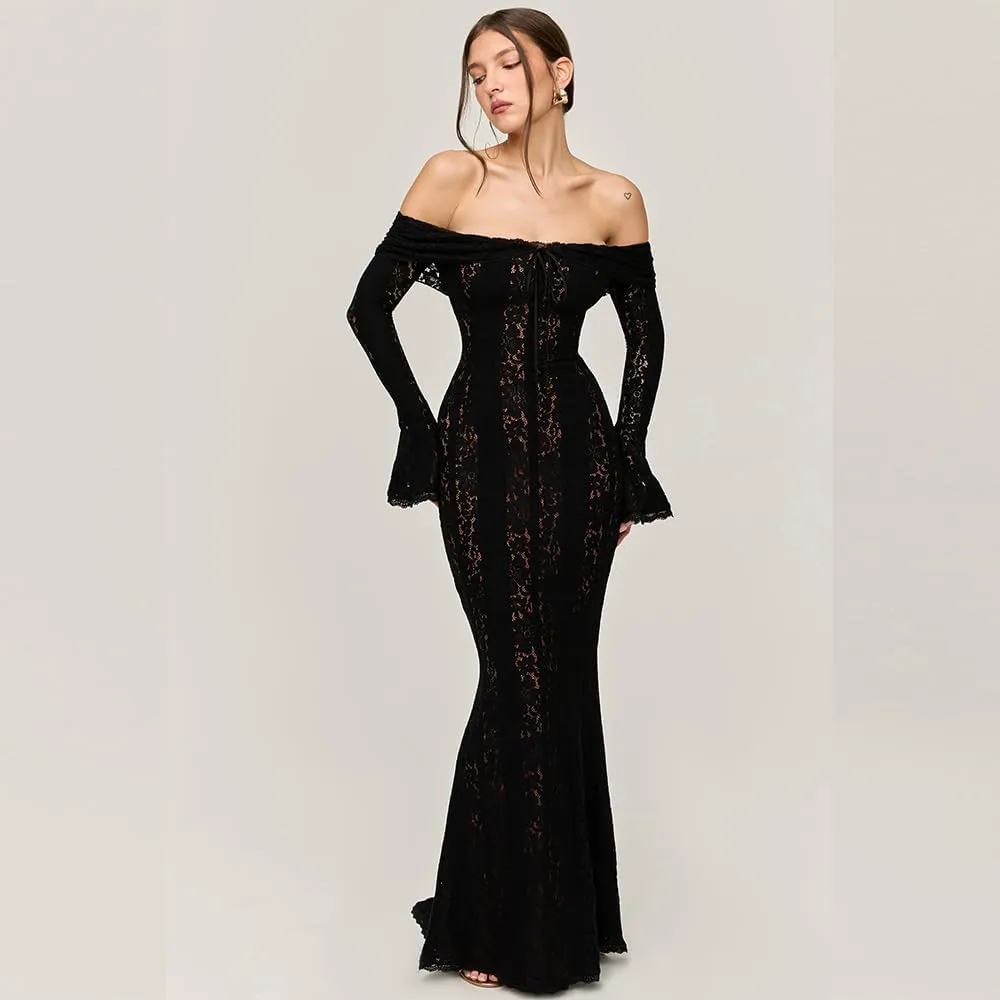 Women's lace Off The Shoulder Evening Dress 2024 Black Mermaid Cocktail Wedding Party Maxi Dress