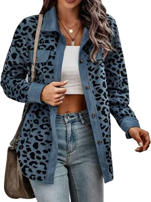 Womens Leopard Corduroy Jackets Oversized Color Block Long Sleeve Shacket Jacket Printed Button Down Shirts