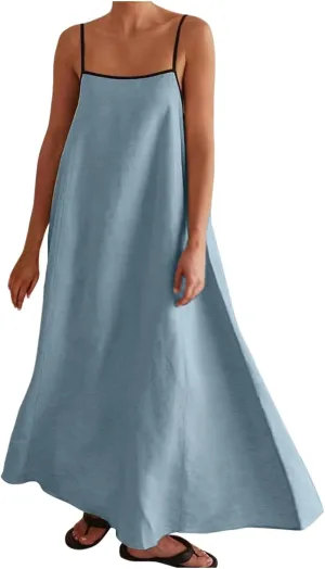 Womens Linen Maxi Dress Spaghetti Strap Long Sundress Casual Summer Backless Sleeveless Flowy Slip Dress Vacation Blue
