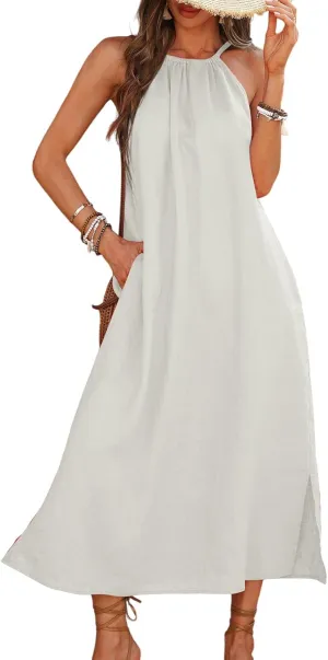Women's Linen Midi Dress Halter 100% Linen Split Dresses with Pocket Off-White