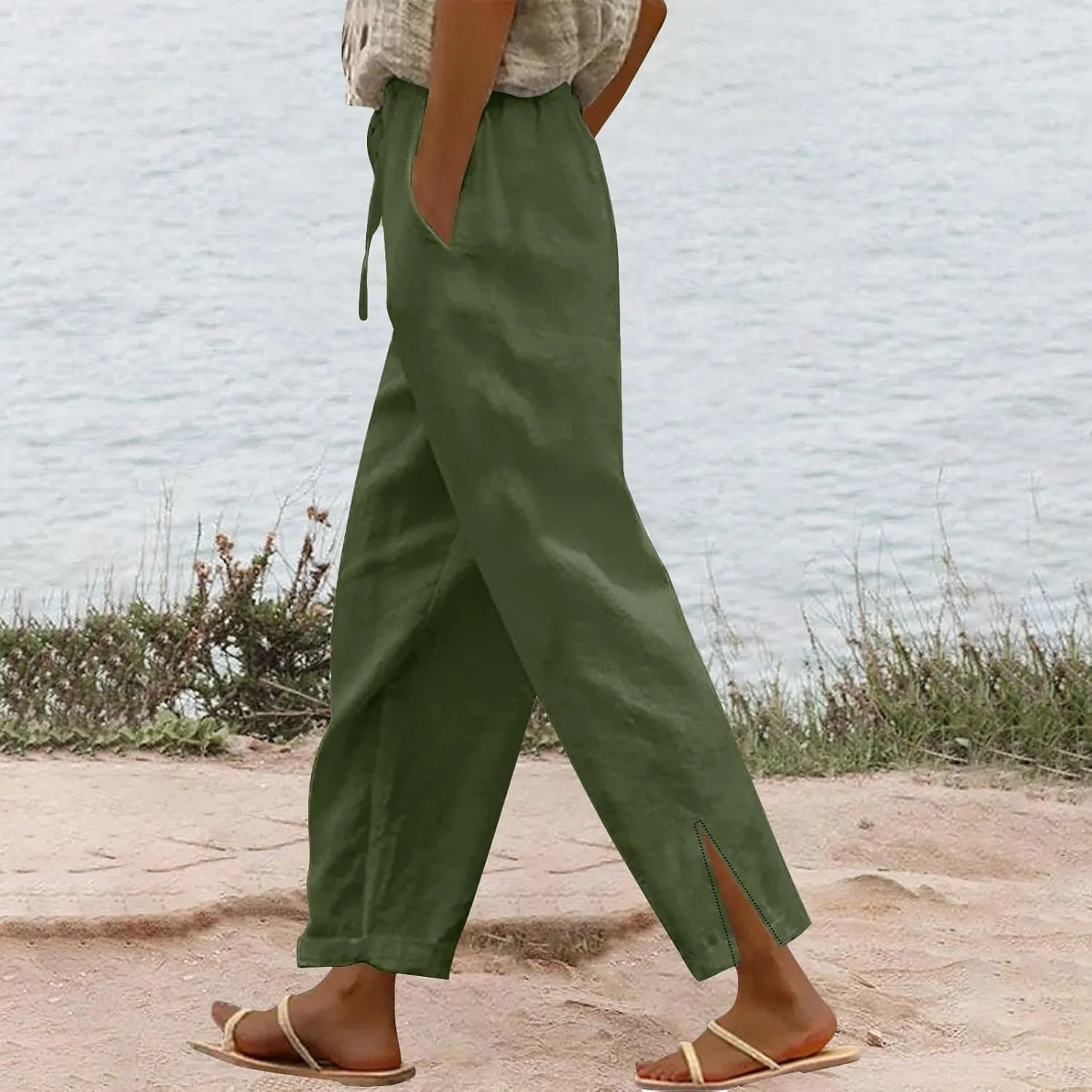 Womens Linen Pants with Pockets High Waist Comfy White Gauze Pants Straight Leg Casual Lightweight Loose Trousers