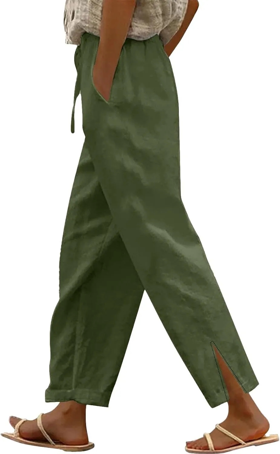 Womens Linen Pants with Pockets High Waist Comfy White Gauze Pants Straight Leg Casual Lightweight Loose Trousers