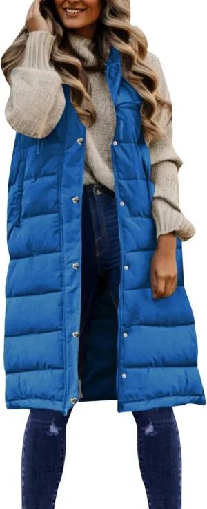 Womens Long Down Vest with Hood Fashion Thickened Hooded Sleeveless Puffer Jackets Long Coats Warm Winter Outerwear
