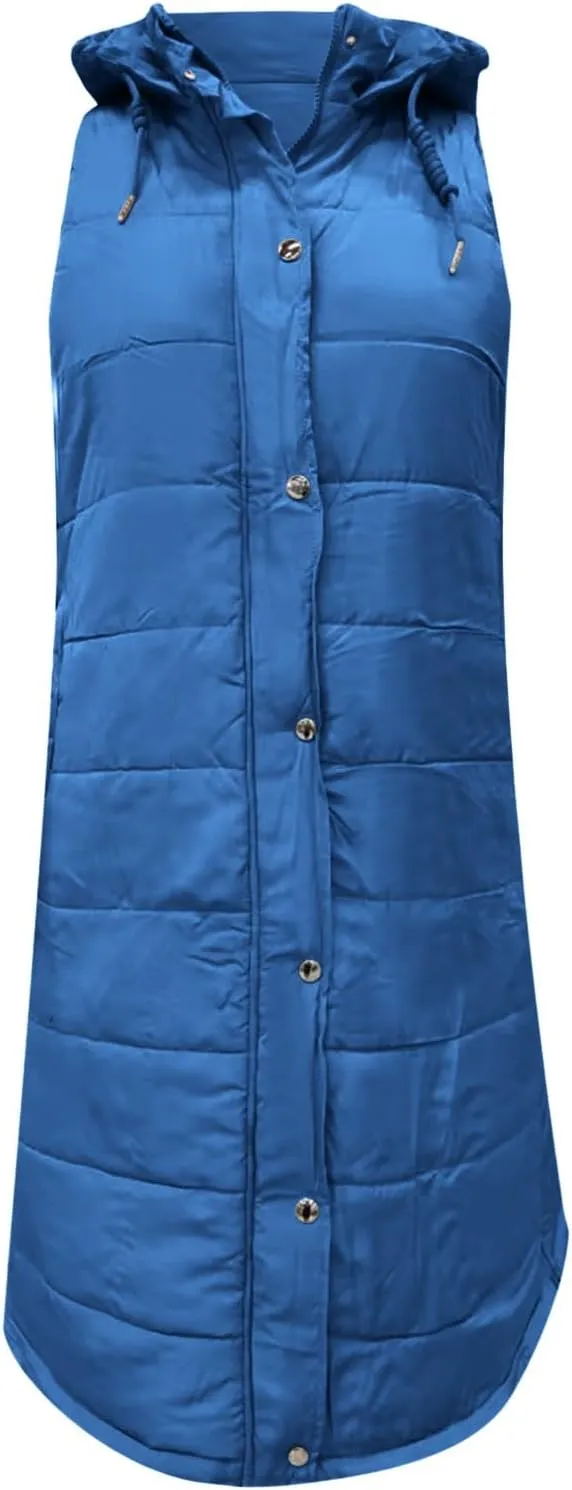 Womens Long Down Vest with Hood Fashion Thickened Hooded Sleeveless Puffer Jackets Long Coats Warm Winter Outerwear
