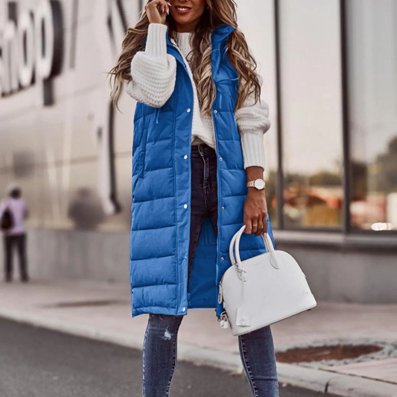 Womens Long Down Vest with Hood Fashion Thickened Hooded Sleeveless Puffer Jackets Long Coats Warm Winter Outerwear