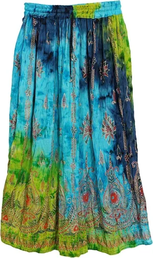 Women's Long Green Multi Bohemian Maxi Skirt - Gypsy Hippie Boho Chic Style Dress (1Pcs)