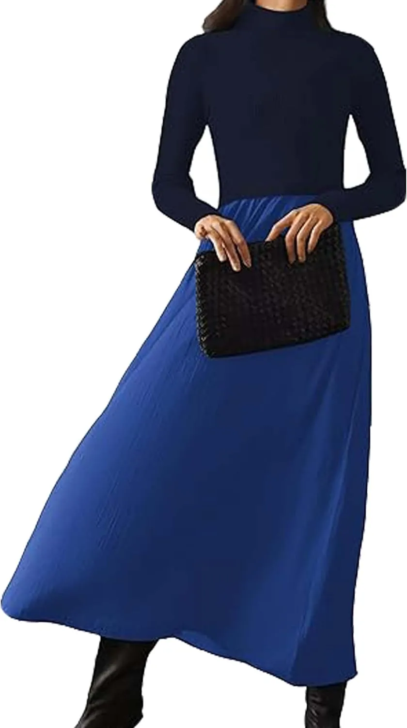 Womens Long Sleeve Maxi Dress Turtleneck Maxi Sweater Dress Slim Fit Patchwork High Waist Flowy Long Dresses Dark Blue