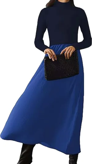 Womens Long Sleeve Maxi Dress Turtleneck Maxi Sweater Dress Slim Fit Patchwork High Waist Flowy Long Dresses Dark Blue
