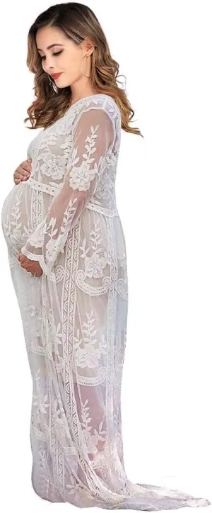 Women's Long Sleeve V Neck White Lace Floral Maternity Gown Maxi Photography Dress