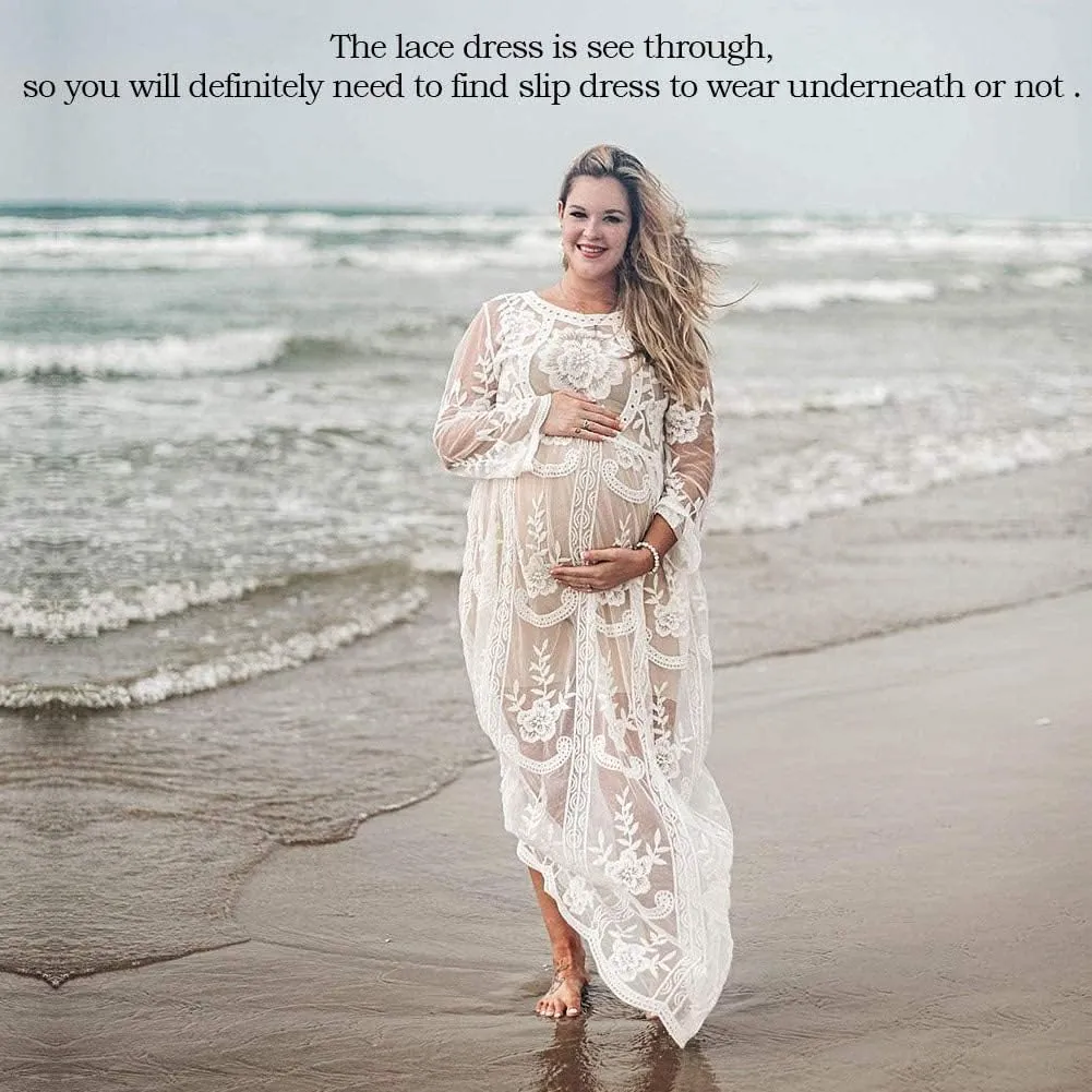 Women's Long Sleeve V Neck White Lace Floral Maternity Gown Maxi Photography Dress