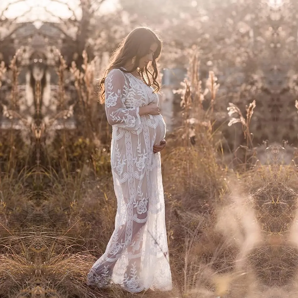 Women's Long Sleeve V Neck White Lace Floral Maternity Gown Maxi Photography Dress