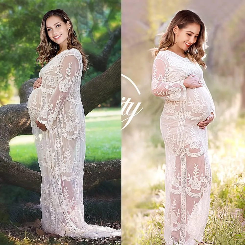 Women's Long Sleeve V Neck White Lace Floral Maternity Gown Maxi Photography Dress