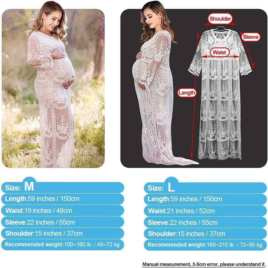 Women's Long Sleeve V Neck White Lace Floral Maternity Gown Maxi Photography Dress