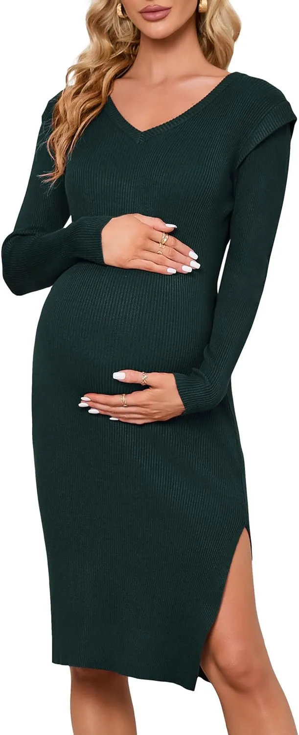 Women's Maternity V Neck Sweater Dress Rib Knit Long Sleeve Bodycon Side Slit Midi Dress Fall Photoshoot Baby Shower Dark Green XL