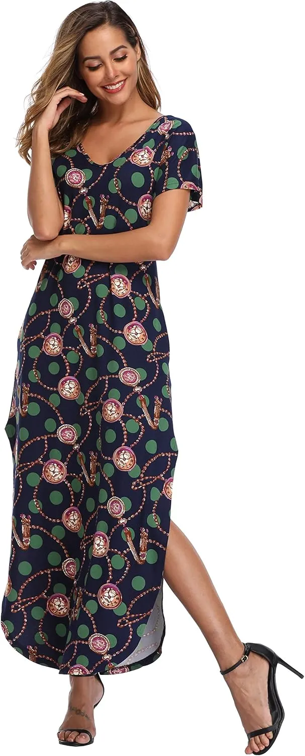 Women's Maxi Dress Floral Printed Long Casual Beach Party Dress with Pocket