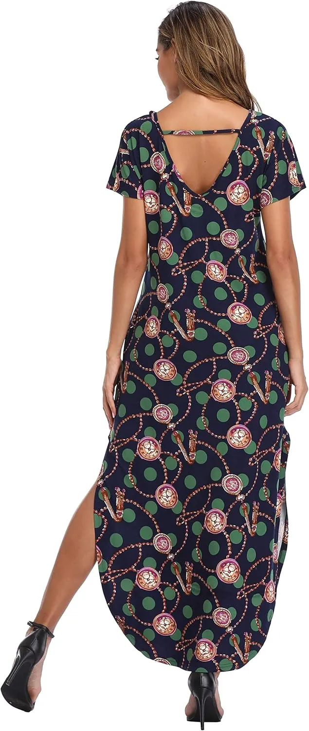 Women's Maxi Dress Floral Printed Long Casual Beach Party Dress with Pocket