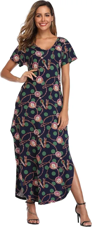 Women's Maxi Dress Floral Printed Long Casual Beach Party Dress with Pocket