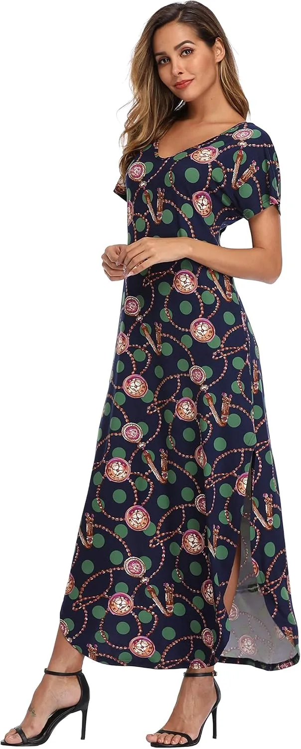 Women's Maxi Dress Floral Printed Long Casual Beach Party Dress with Pocket