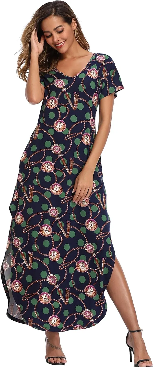 Women's Maxi Dress Floral Printed Long Casual Beach Party Dress with Pocket