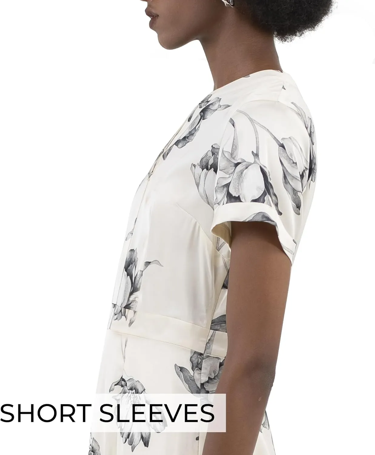 Womens Midi Dress Silk White V Neck Band Collar A Line Short Sleeves Pull On Work Office Business Casual