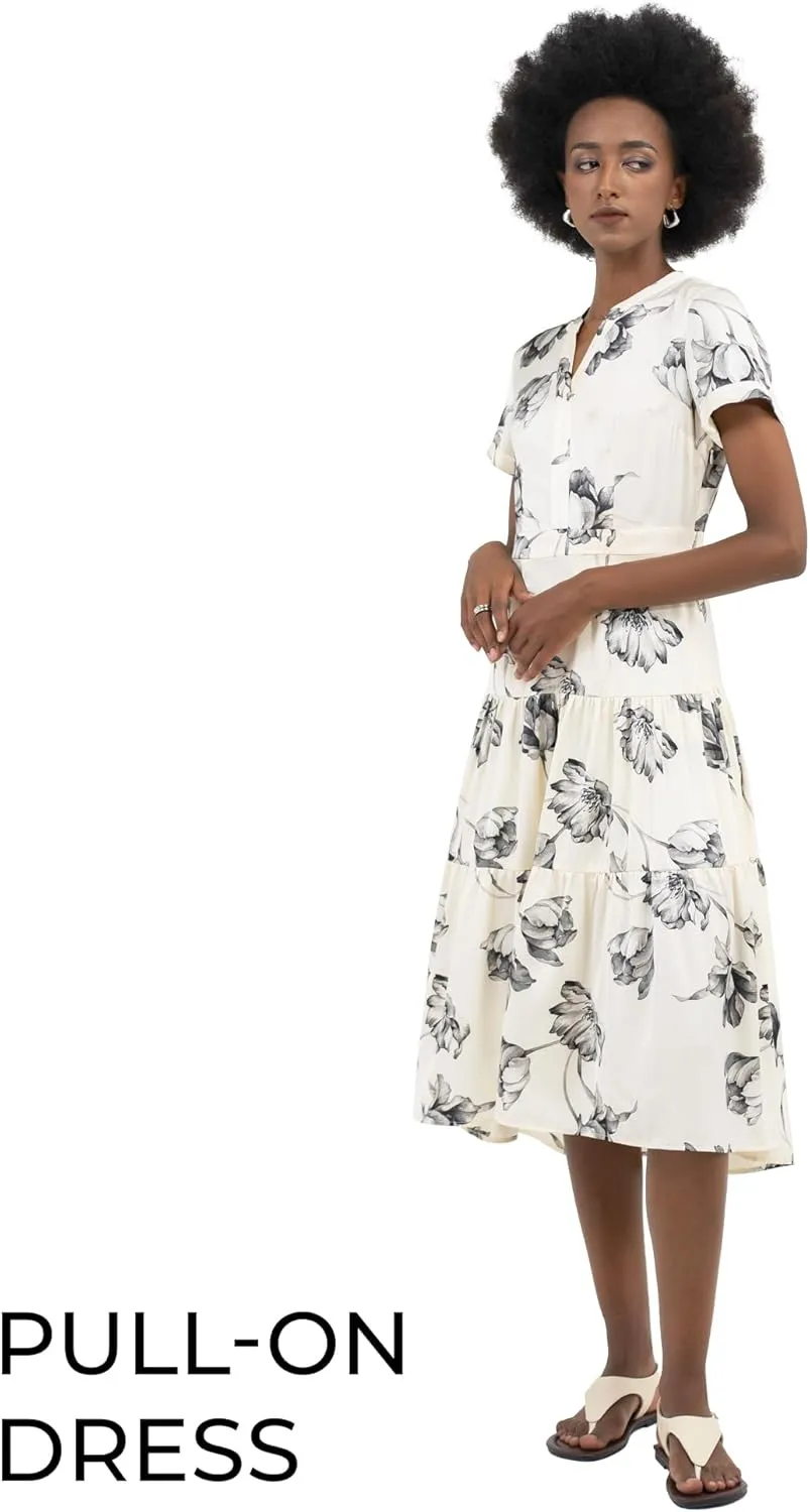 Womens Midi Dress Silk White V Neck Band Collar A Line Short Sleeves Pull On Work Office Business Casual