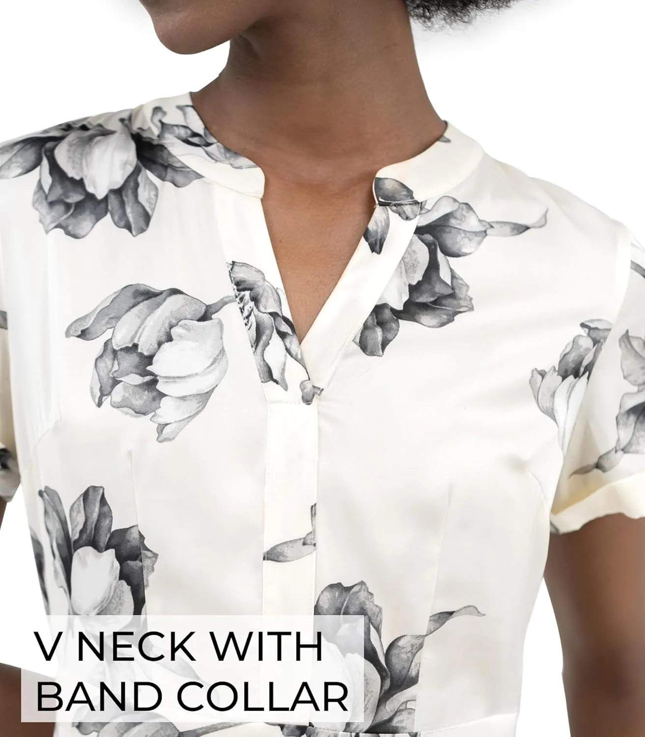 Womens Midi Dress Silk White V Neck Band Collar A Line Short Sleeves Pull On Work Office Business Casual