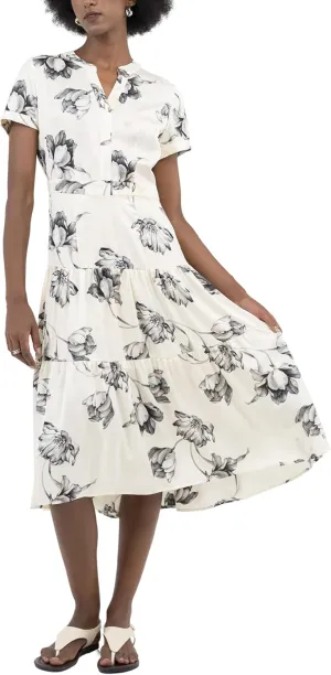 Womens Midi Dress Silk White V Neck Band Collar A Line Short Sleeves Pull On Work Office Business Casual
