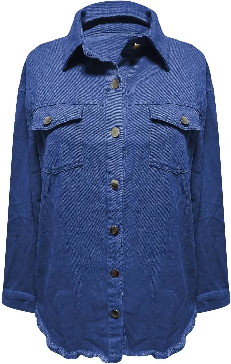 Womens Oversized Button Up Frayed Hem Shacket Long Sleeve Pockets Denim Jean Jacket Trucker Coats