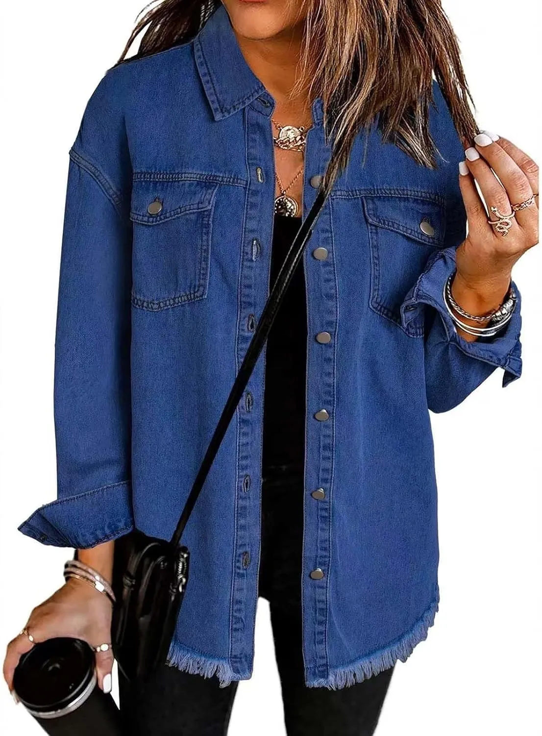 Womens Oversized Button Up Frayed Hem Shacket Long Sleeve Pockets Denim Jean Jacket Trucker Coats