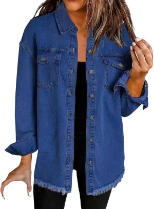 Womens Oversized Button Up Frayed Hem Shacket Long Sleeve Pockets Denim Jean Jacket Trucker Coats