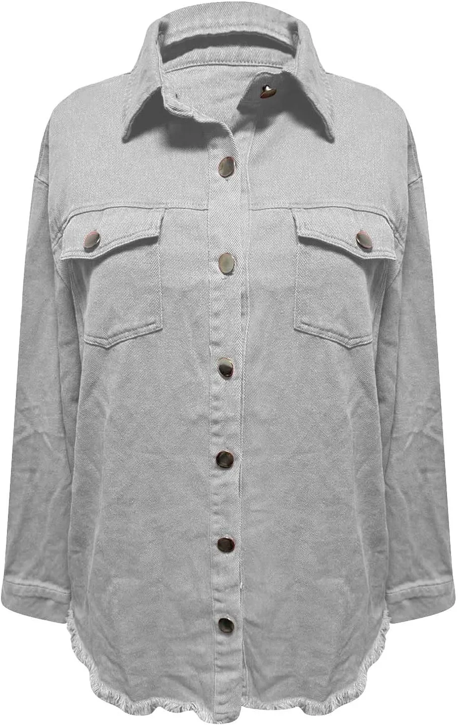 Womens Oversized Button Up Frayed Hem Shacket Long Sleeve Pockets Denim Jean Jacket Trucker Coats