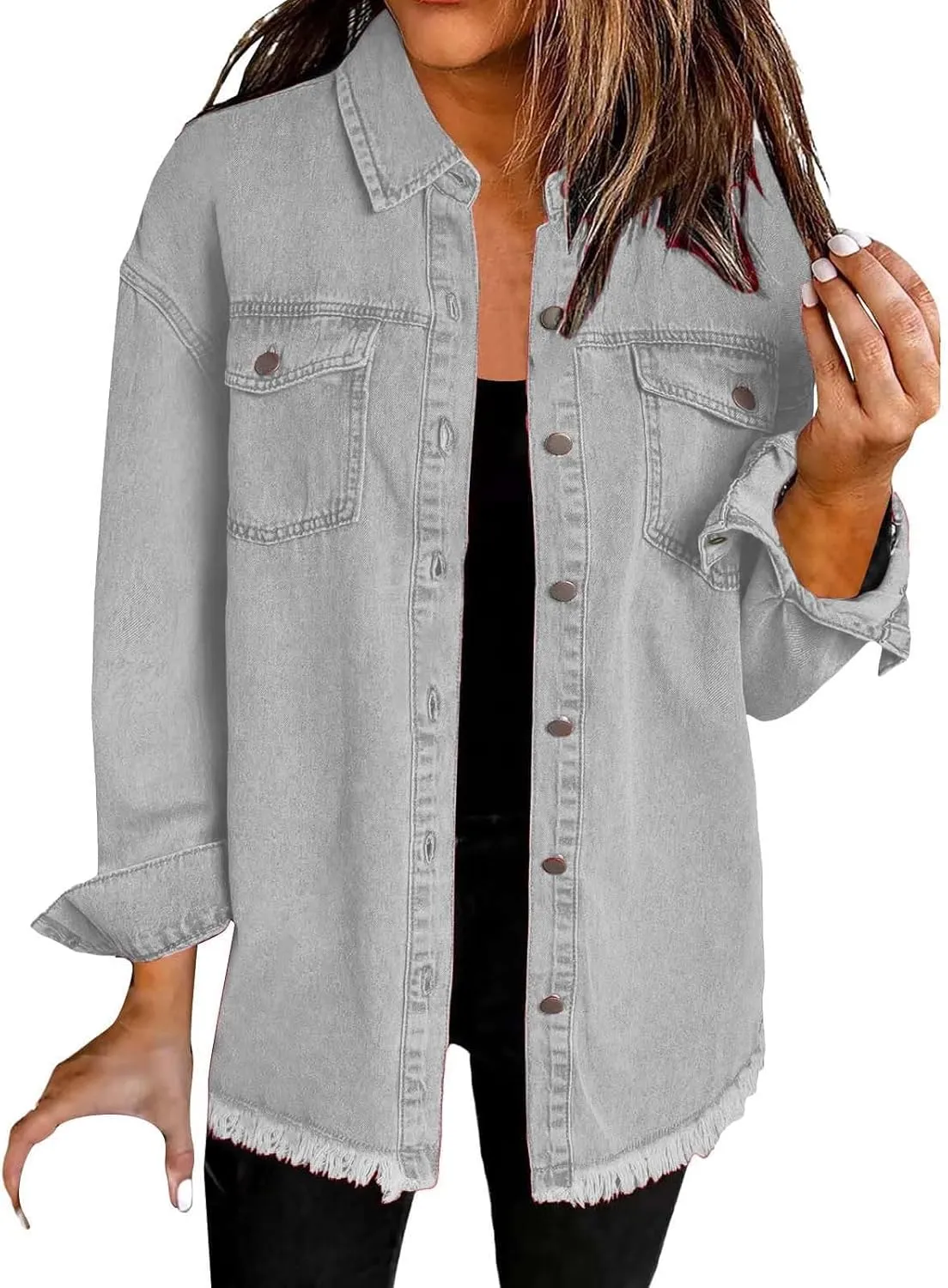 Womens Oversized Button Up Frayed Hem Shacket Long Sleeve Pockets Denim Jean Jacket Trucker Coats