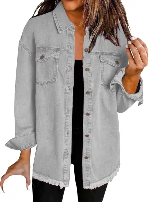 Womens Oversized Button Up Frayed Hem Shacket Long Sleeve Pockets Denim Jean Jacket Trucker Coats