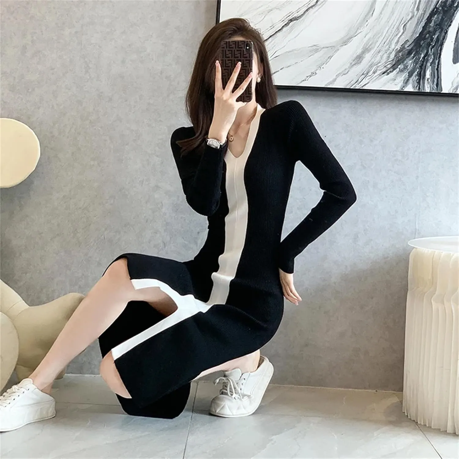 Women's Patchwork Knit Midi Dress - Black & White V-Neck Vintage Split
