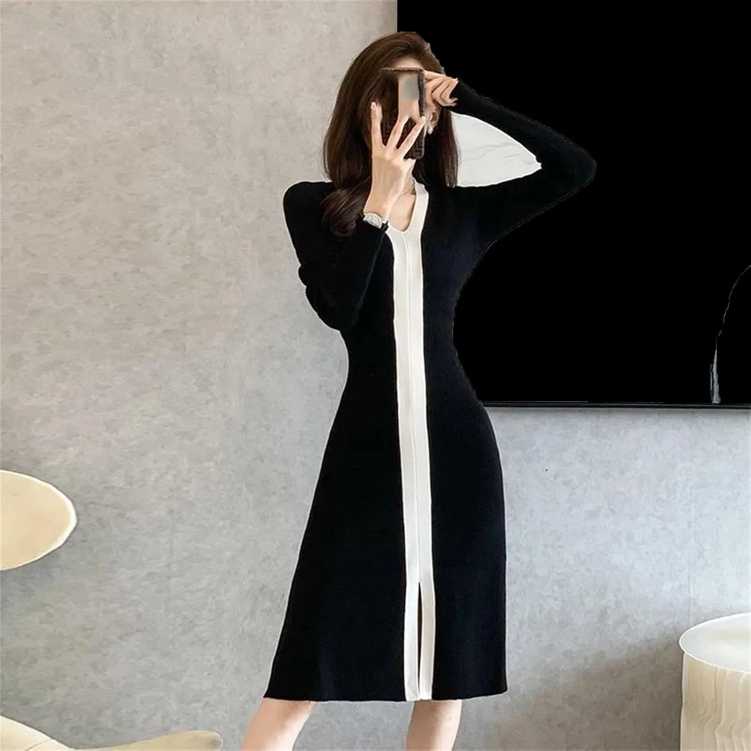 Women's Patchwork Knit Midi Dress - Black & White V-Neck Vintage Split
