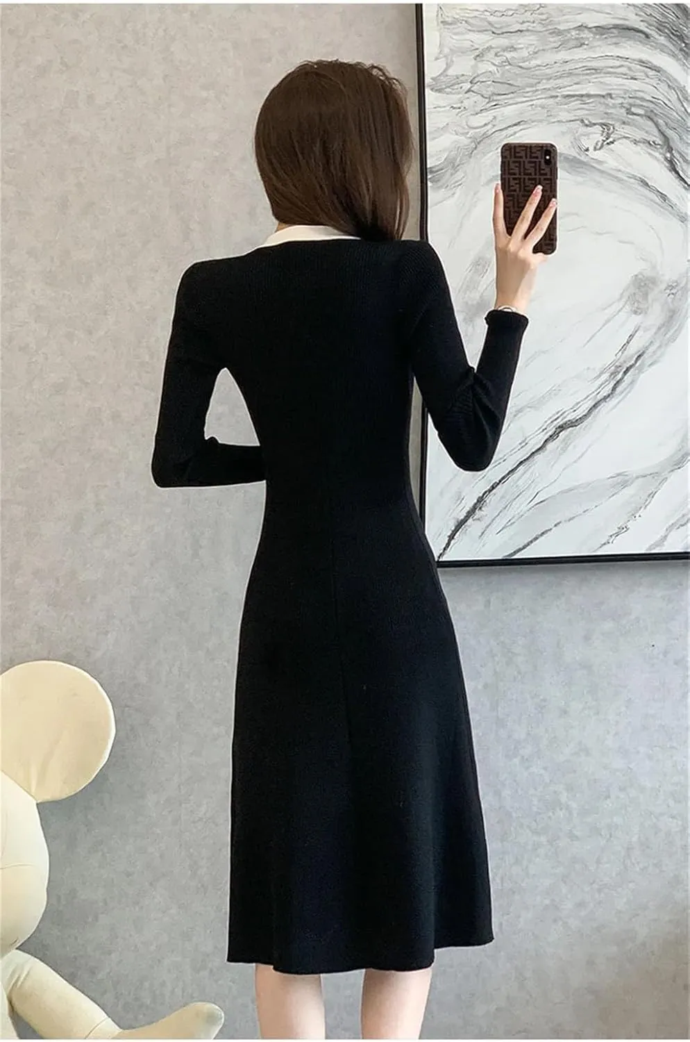 Women's Patchwork Knit Midi Dress - Black & White V-Neck Vintage Split