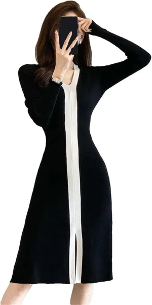 Women's Patchwork Knit Midi Dress - Black & White V-Neck Vintage Split