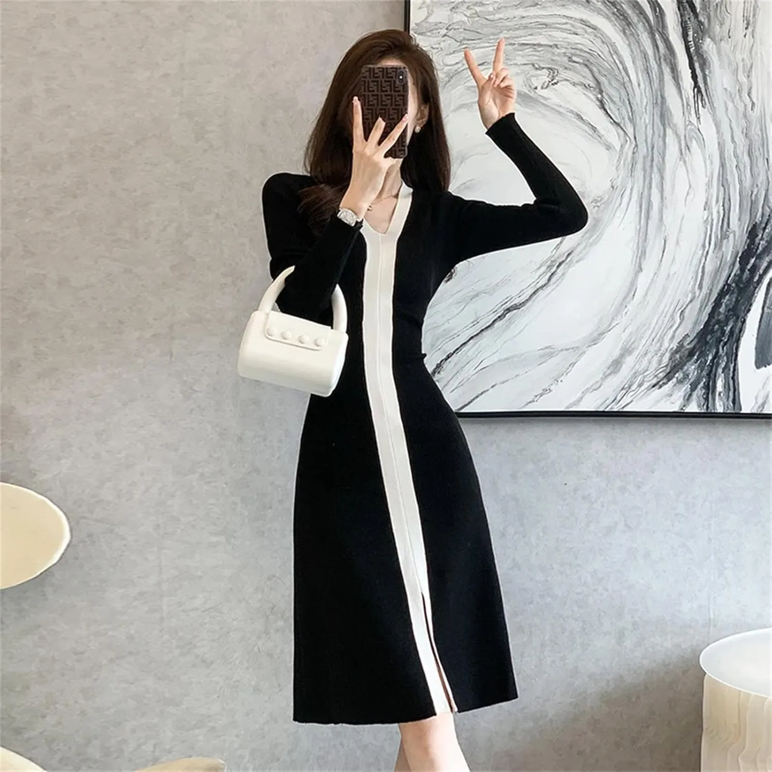 Women's Patchwork Knit Midi Dress - Black & White V-Neck Vintage Split