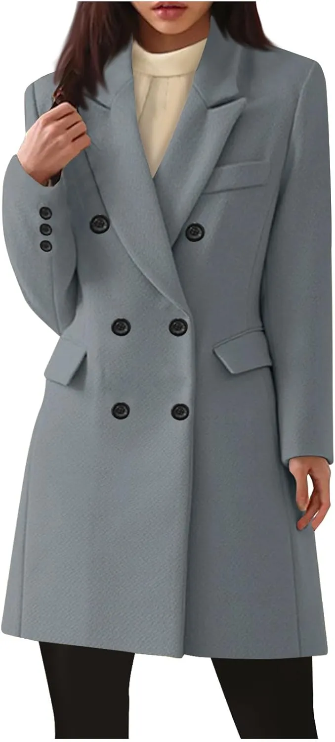 Womens Pea Coat Plus Size Wool Coat Long Winter Coat Elegant Dress Coat Office Work Jacket Business Casual Coats