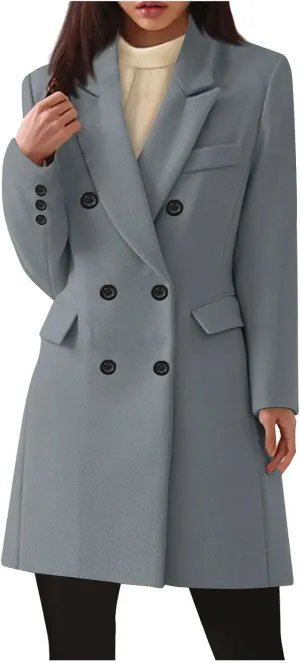 Womens Pea Coat Plus Size Wool Coat Long Winter Coat Elegant Dress Coat Office Work Jacket Business Casual Coats