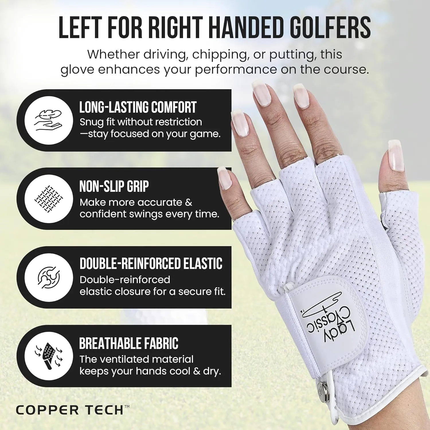 Women's Right and Left Handed Golfers Golf Glove  Mesh Mesh Half Finger, Cabretta Leather, Flexible Grip, Lightweight, Long-Lasting, with Removable Ball Marker