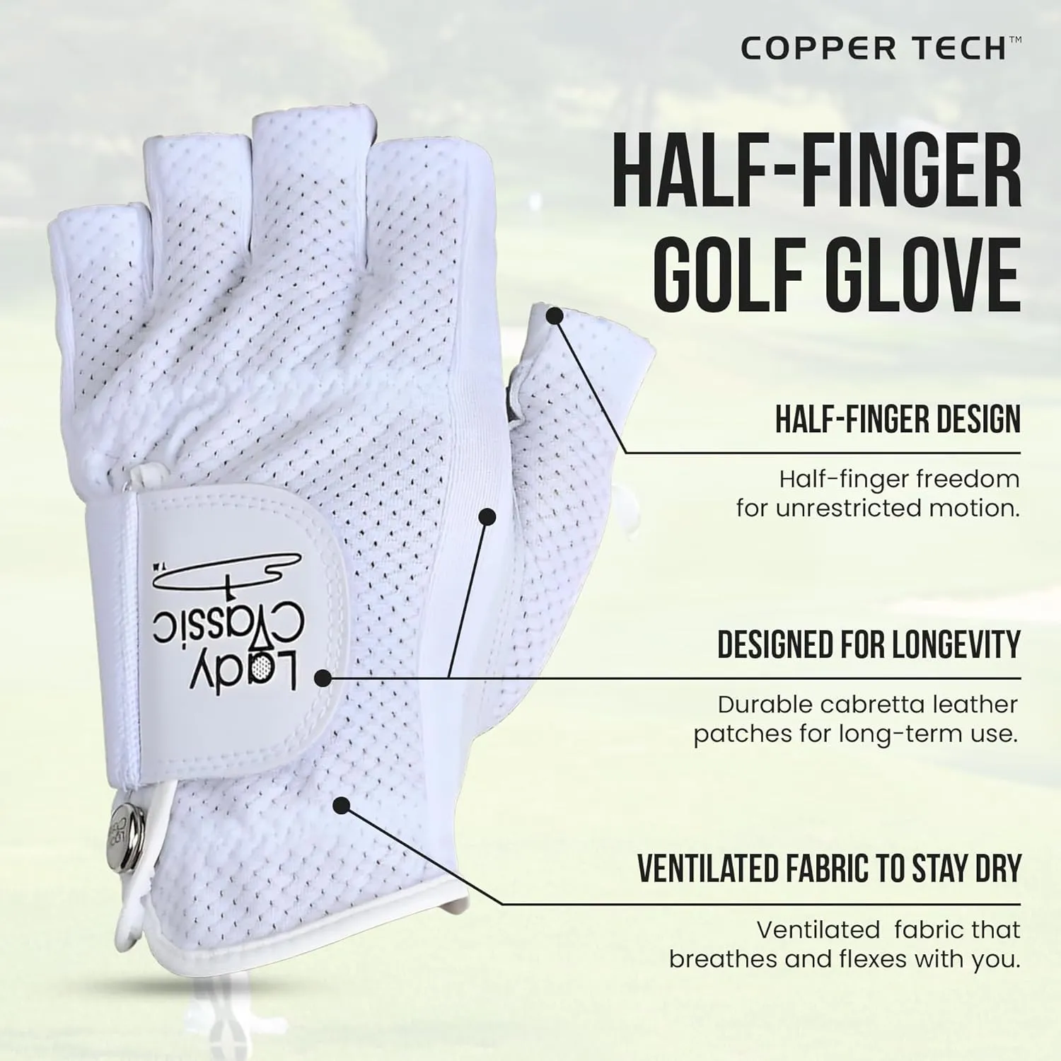Women's Right and Left Handed Golfers Golf Glove  Mesh Mesh Half Finger, Cabretta Leather, Flexible Grip, Lightweight, Long-Lasting, with Removable Ball Marker